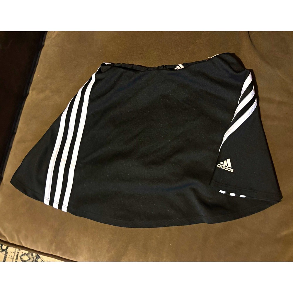 Adidas Girls Tennis Skirt Skort Black White 3-Stripe Pull-On Size M 10/12